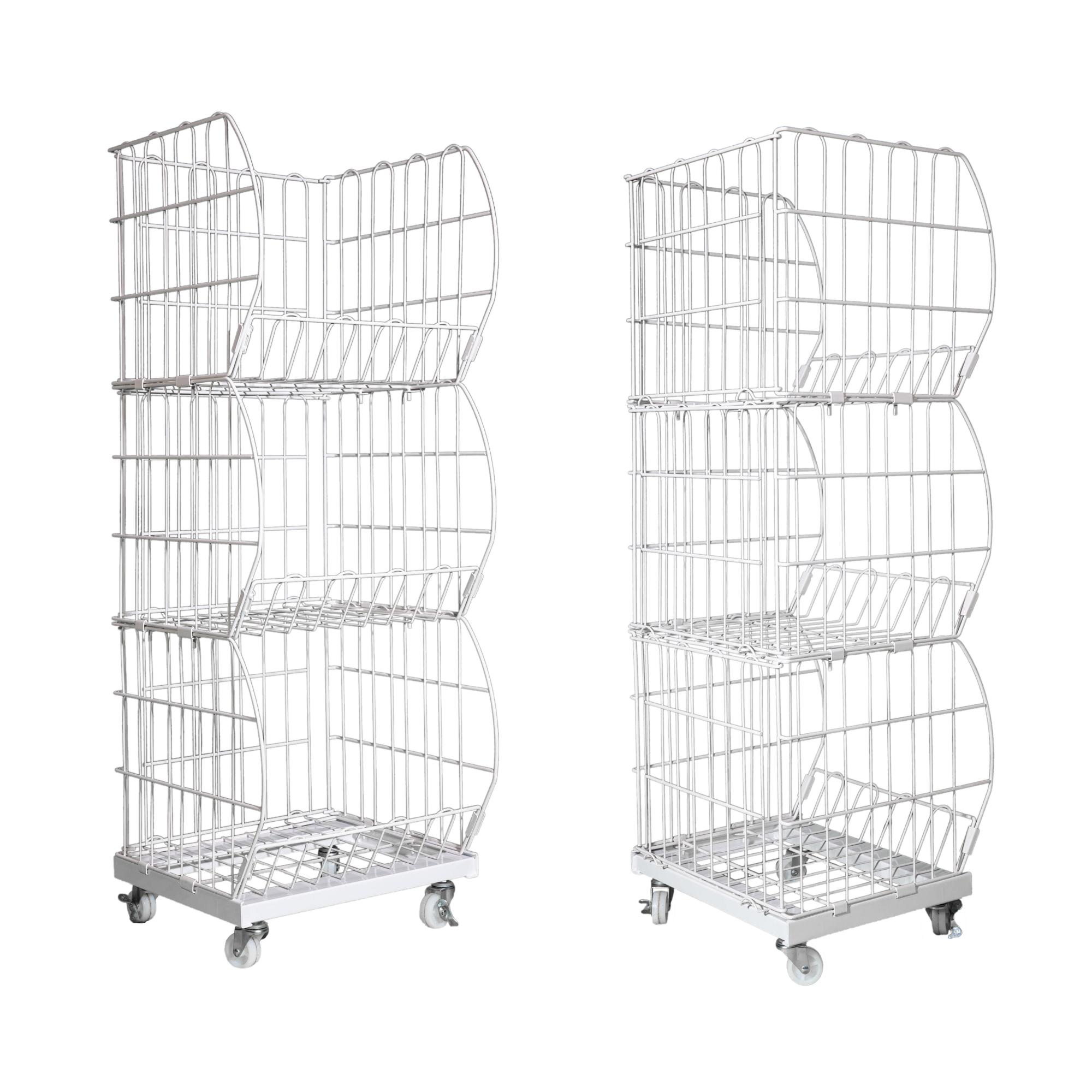 3-Tier Display Shelf for Shoes & Market with Wheels - Wire Mesh Baskets
