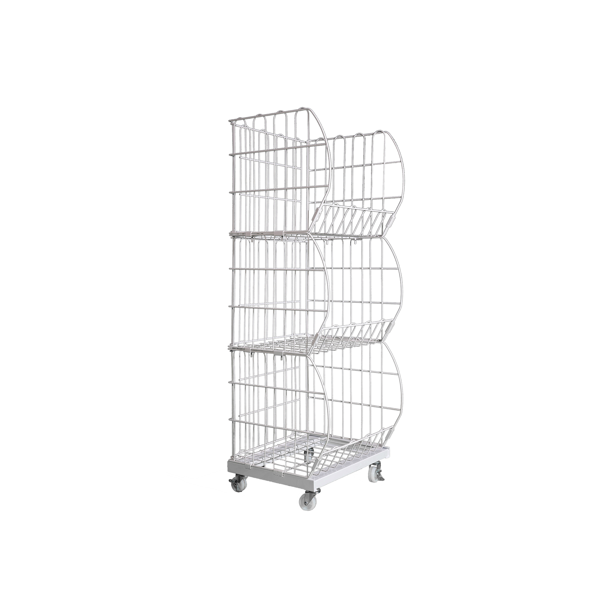 3-Tier Grocery Store Racks: Wire Mesh Display Baskets with Wheels 3-Tier Grocery Store Racks: Wire Mesh Display Baskets with Wheels